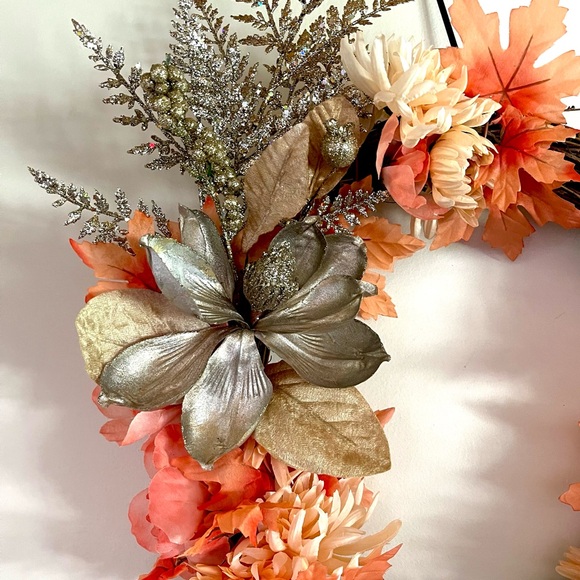 Peach, orange, cream, silver fall wreath - Picture 3 of 8